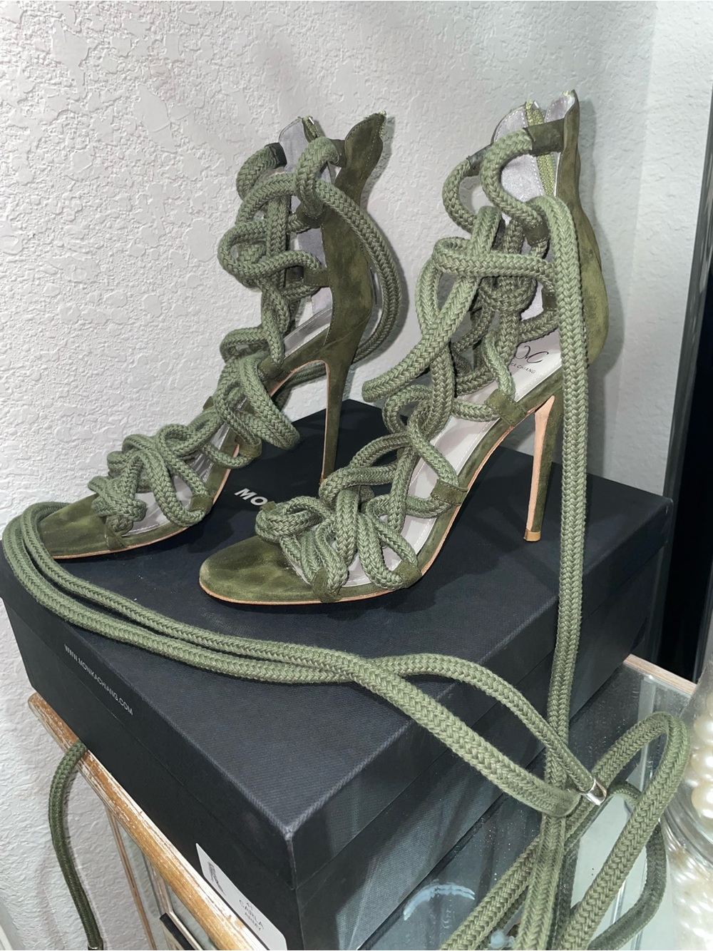 Monika Chiang Olive Green Rope Lace-Up Heels - Picture 2 of 11